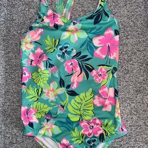 Lands' End Pink and Green One Piece Swimsuit Tropical Floral